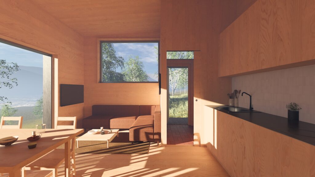 Interiørbilde med sofakrok og spiseplass