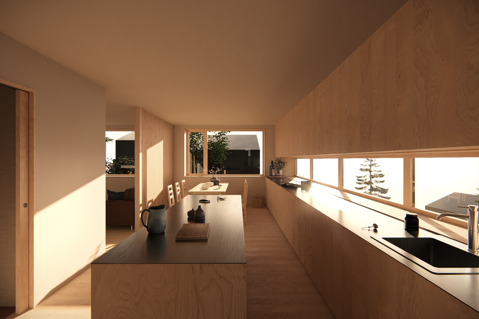 Kjøkken med utsikt mot gata og hagen