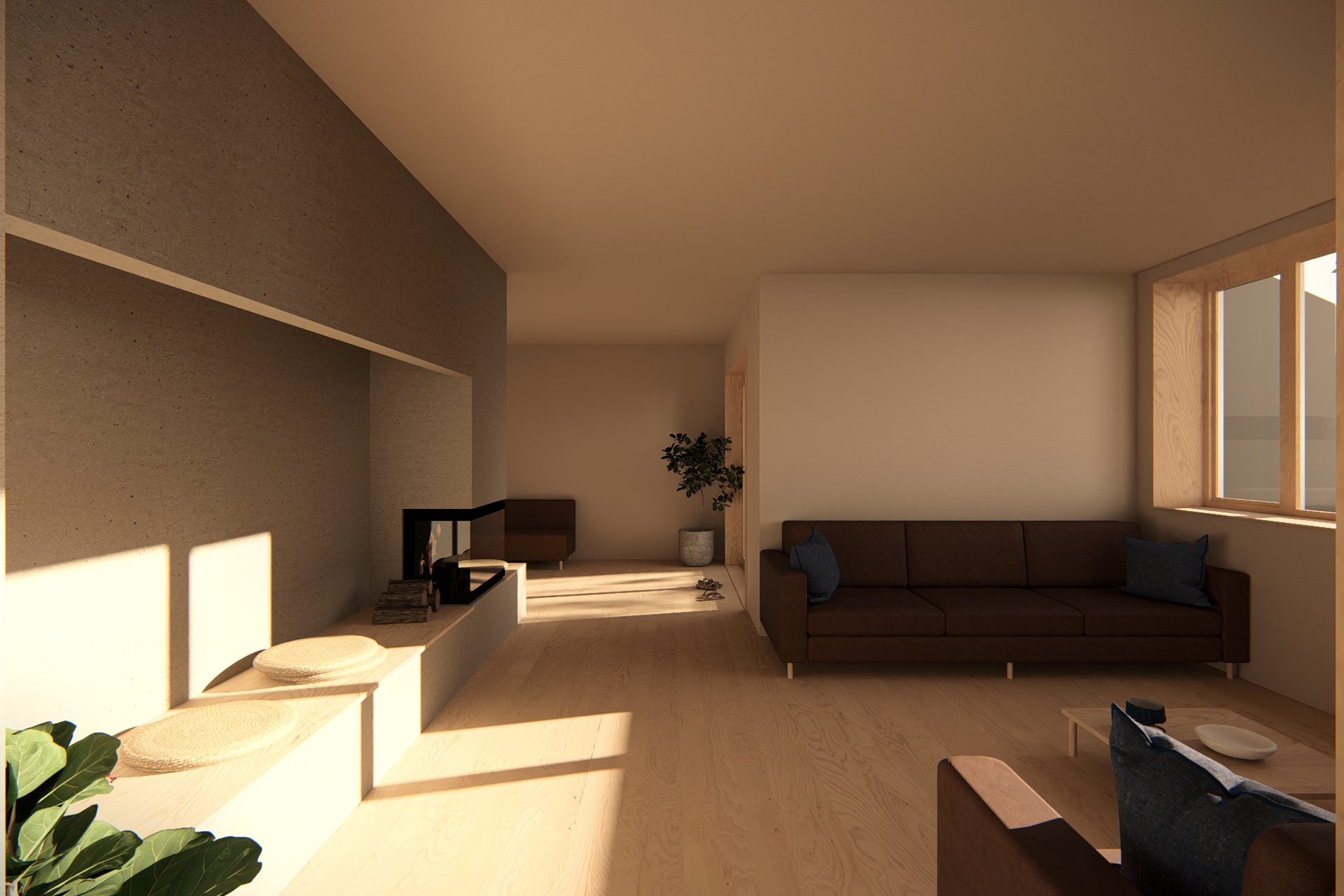 Peisen ses fra både spisestue, stue og TV-stue