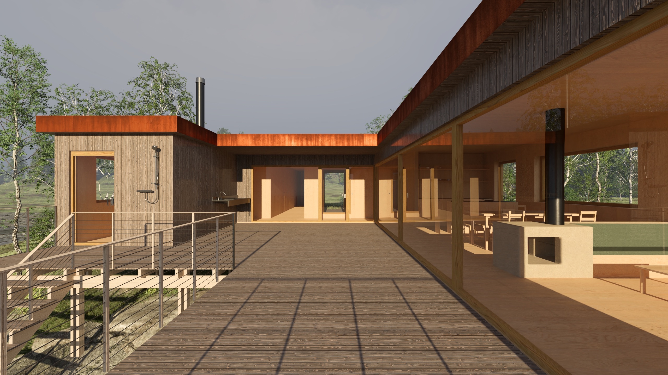 Atrium rundt bryggen gir et lunt uterom med kontakt med sjøen.