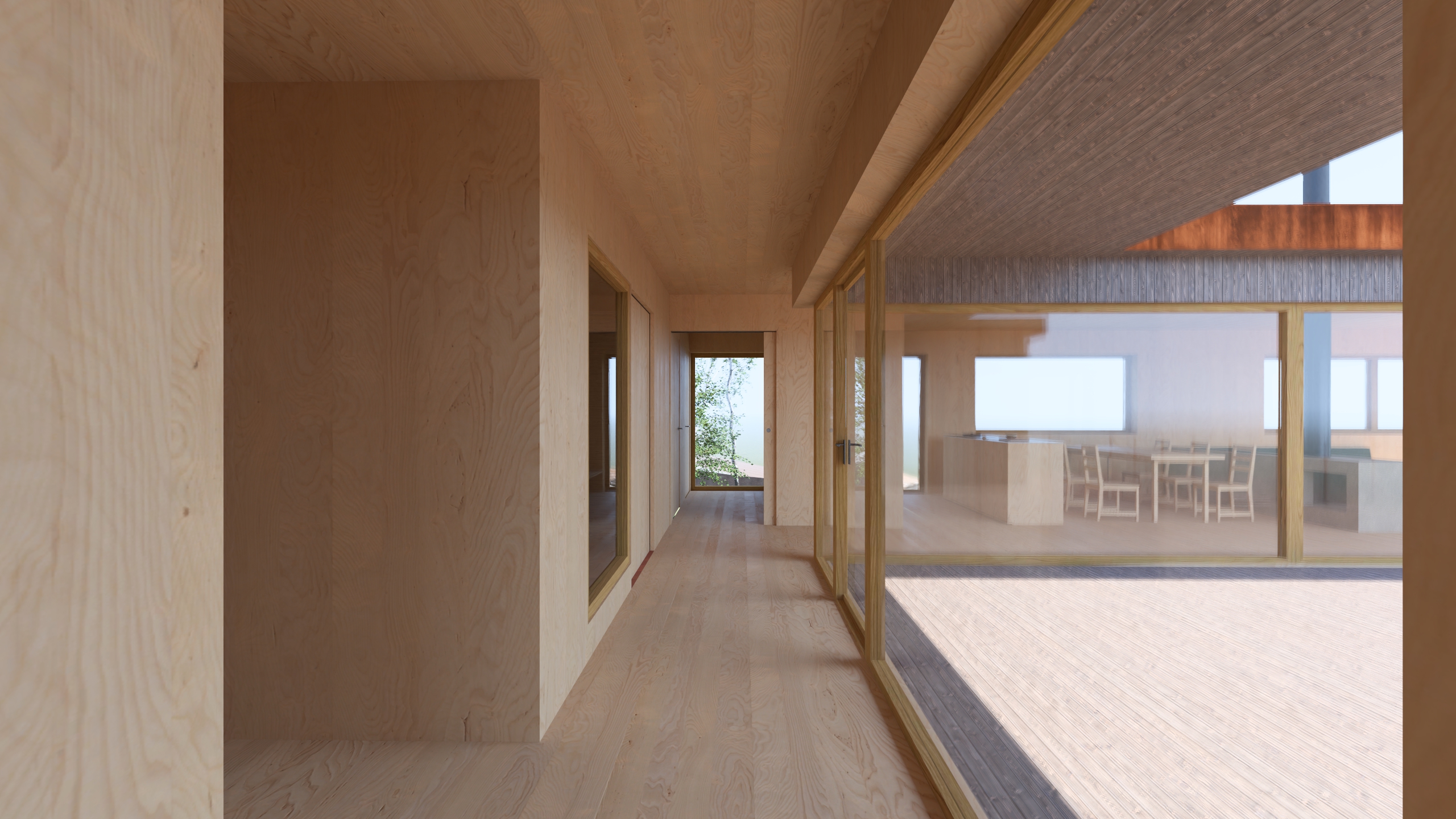 En glassgang med utsikt mot bryggen forbinder de to fløyene.