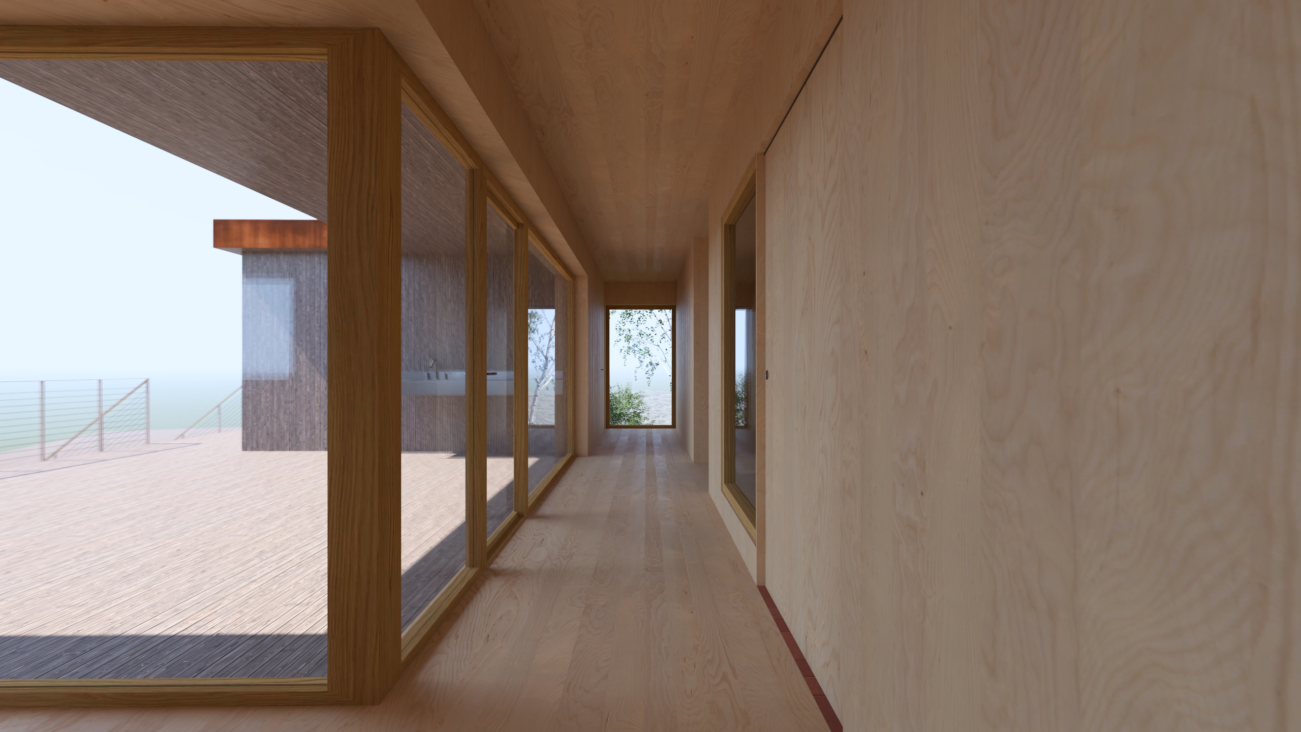 En glassgang med utsikt mot bryggen forbinder de to fløyene.