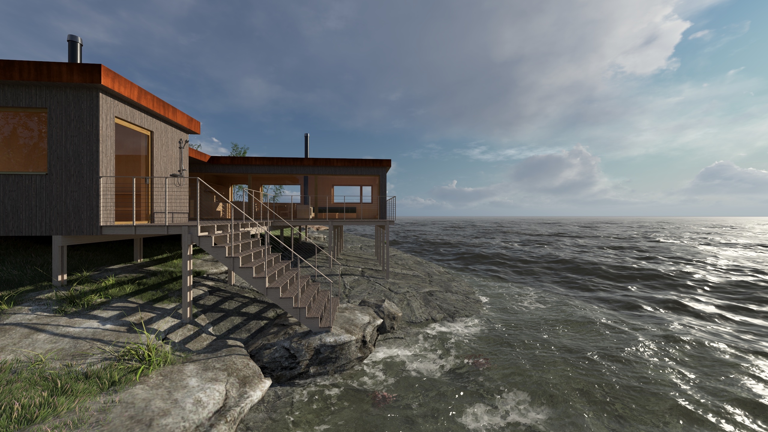 Badstue på bryggen med trapp ned til havet.