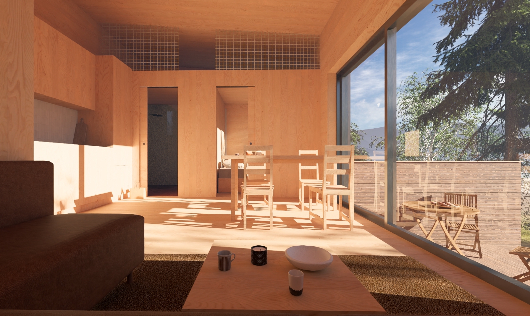 Oppholdsrom med raus takhøyde. Hems over soverom og bad med lagringsplass.