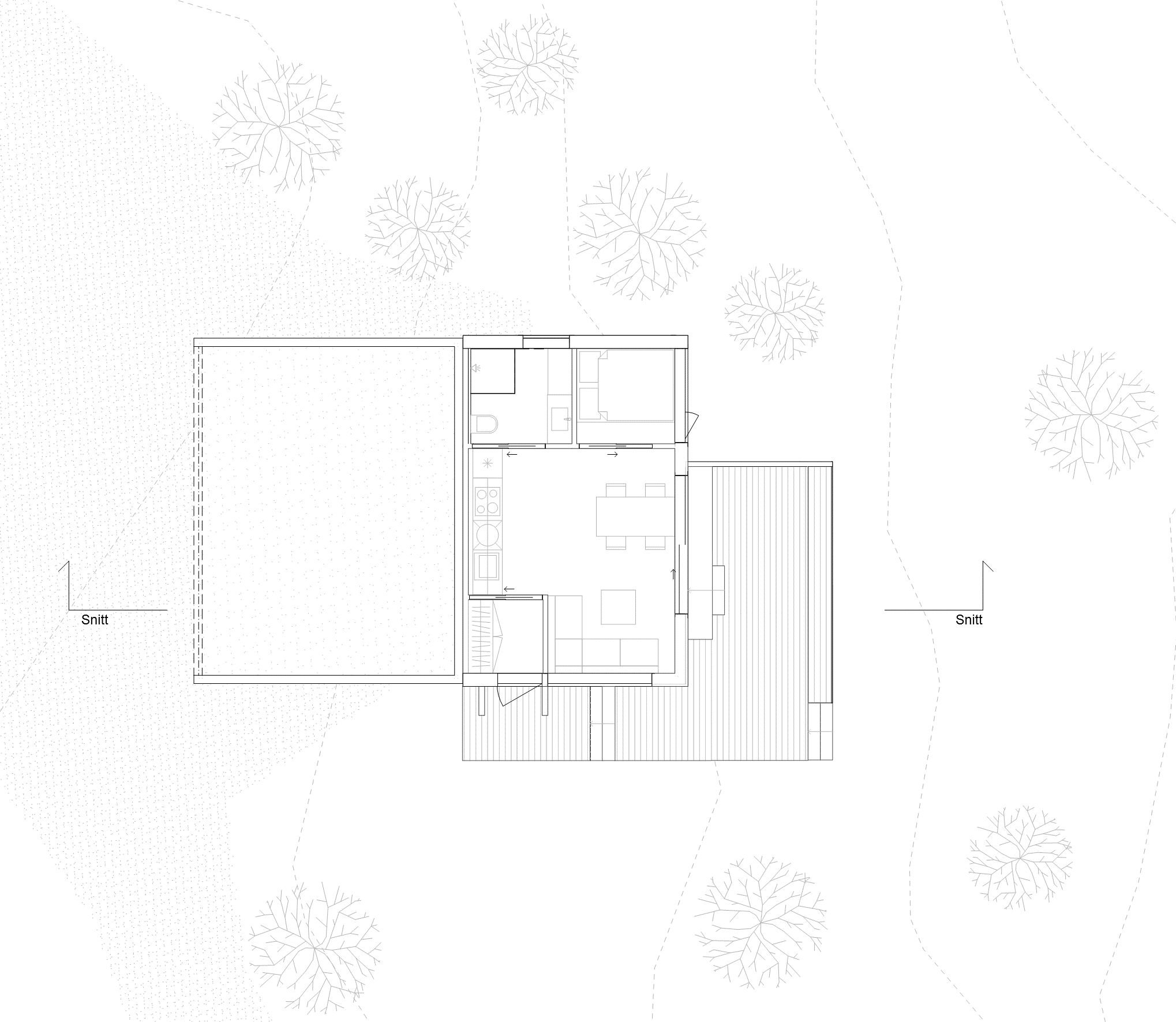 Plantegning av et anneks på eksisterende fundamenter bak en garasje i Balsnes.