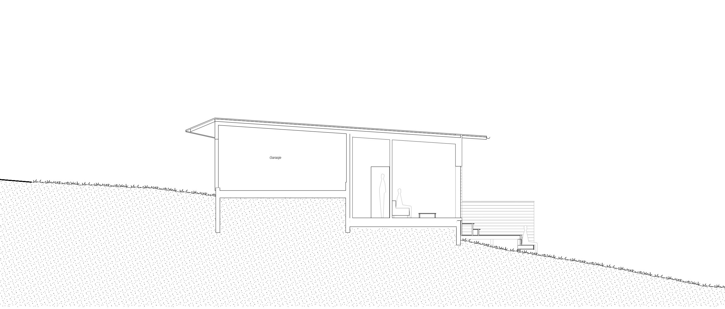 Snitt av et anneks på eksisterende fundamenter bak en garasje i Balsnes.