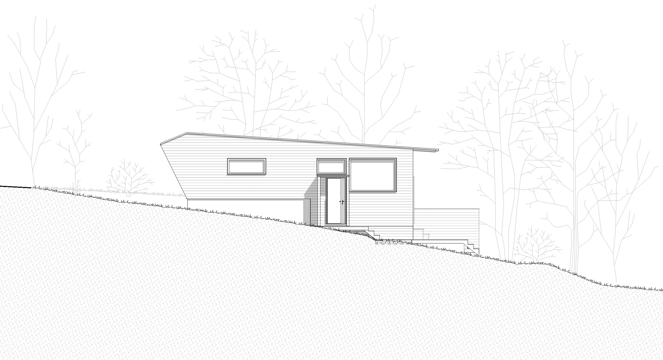 Sørfasaden til et anneks på eksisterende fundamenter bak en garasje i Balsnes.