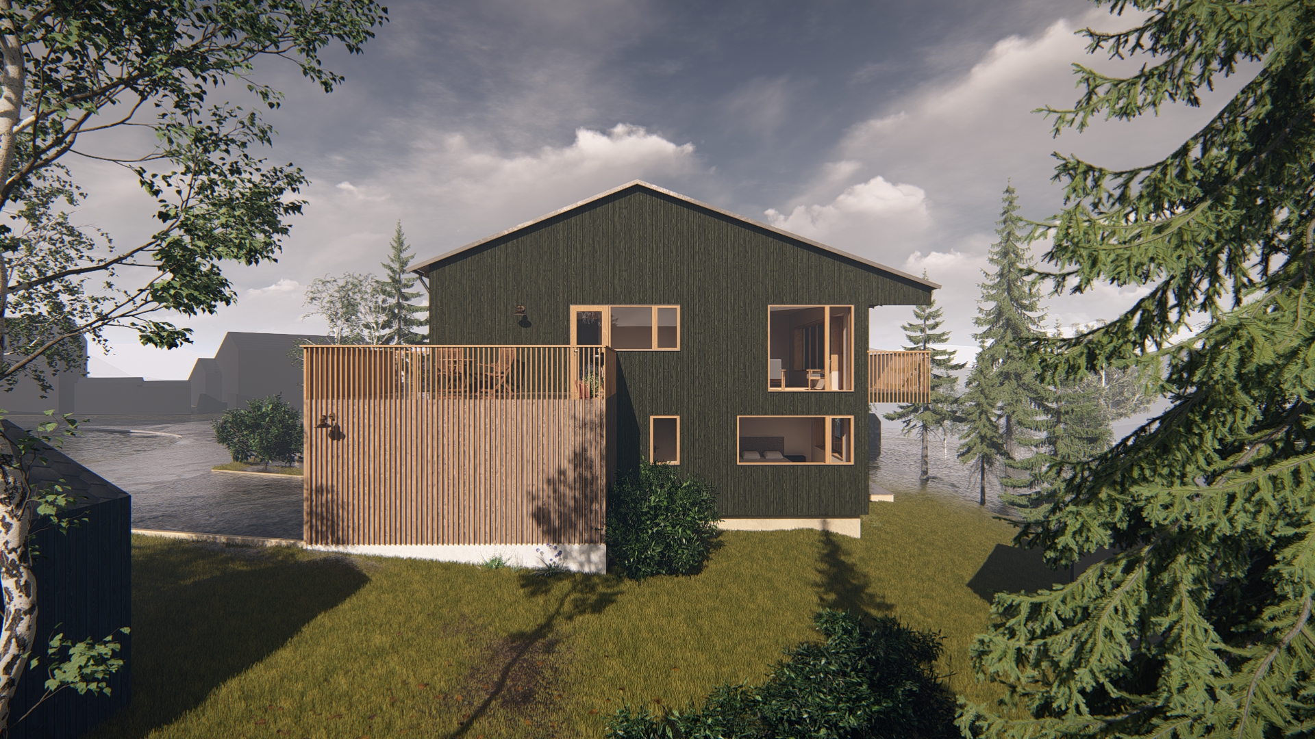 Ny fasade for en bolig ved Prestvannet i Tromsø. Nye vindusformater og -plasseringer tøyer husets proporsjoner for å gi fasaden et løft.